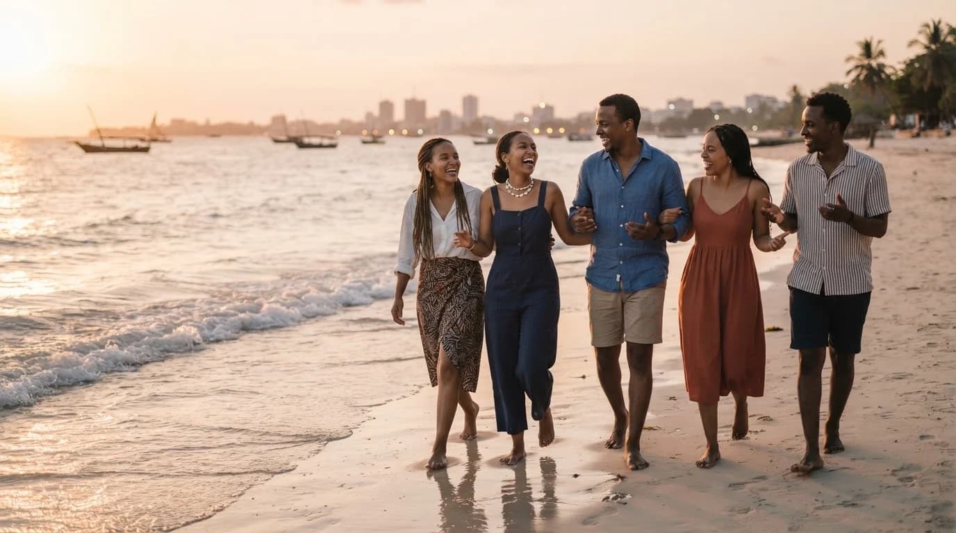 Illustrative group of friends walking along the coast