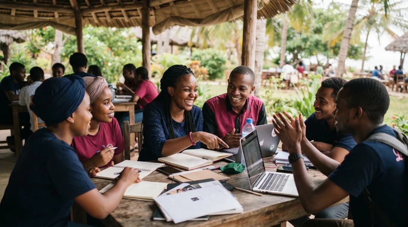 Illustrative scene of young adults collaborating around a table