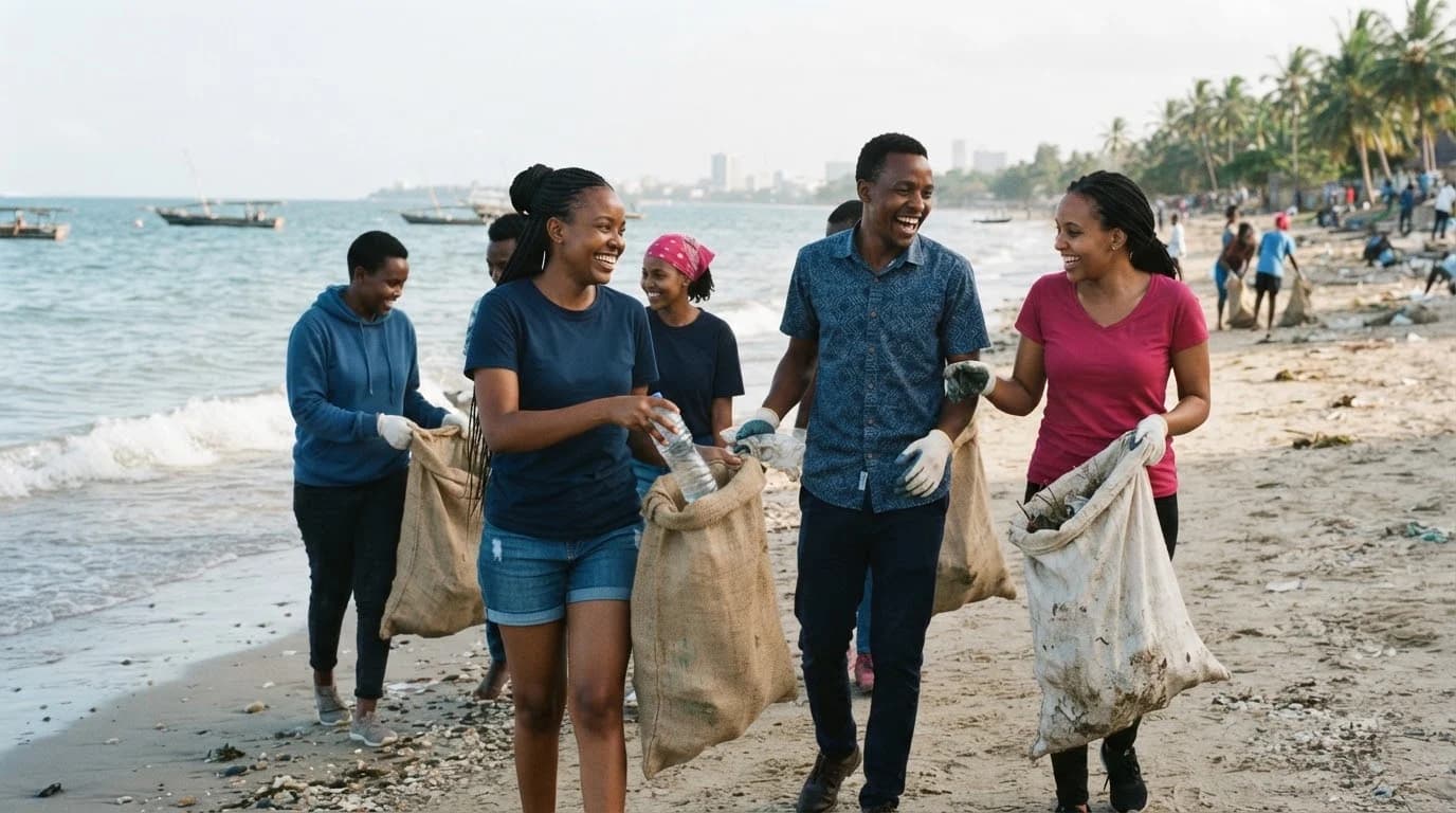 Illustrative scene of young adults volunteering on the coast