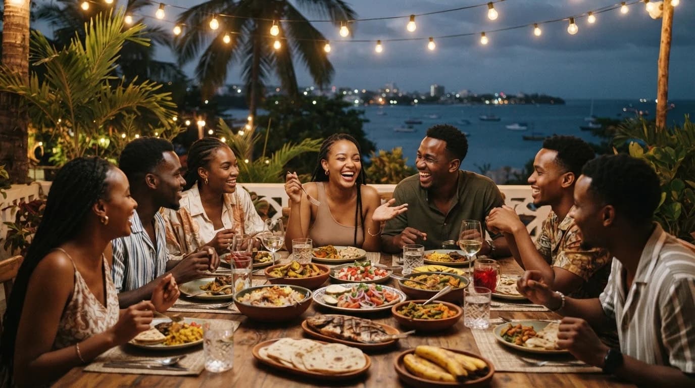 Illustrative outdoor fellowship beneath palm trees