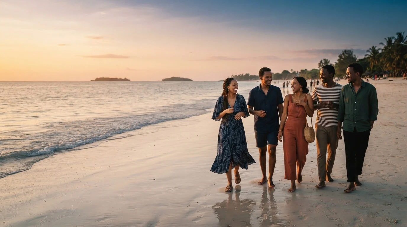 Illustrative young adult friends walking along the coast